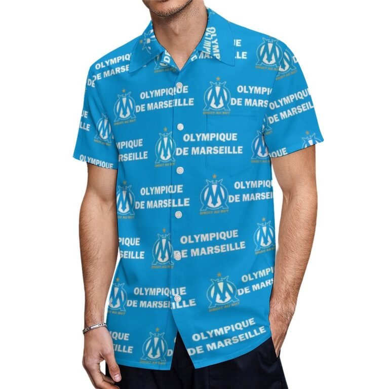 Olympique De Marseille Kurzärmelige Herrenhemden, Passform Sommer Kurzarm Casual Button-Down Hemden