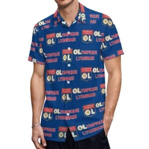 Olympique Lyonnais Kurzärmelige Herrenhemden, Passform Sommer Kurzarm Casual Button-Down Hemden