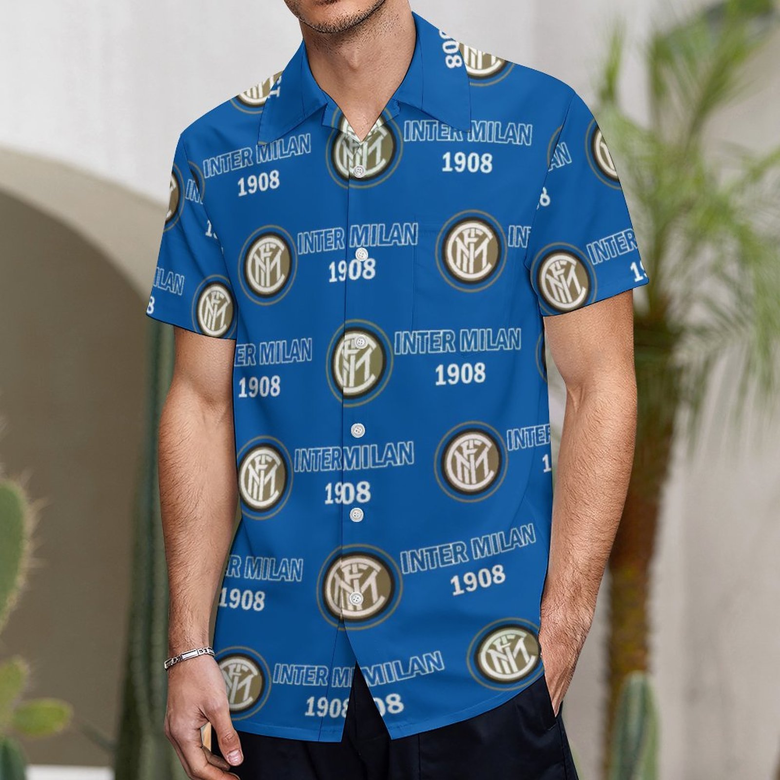 Inter Mailand Kurzärmelige Herrenhemden, Passform Sommer Kurzarm Casual Button-Down Hemden Inter Mailand Kurzärmelige Herrenhemden, Passform Sommer Kurzarm Casual Button-Down Hemden