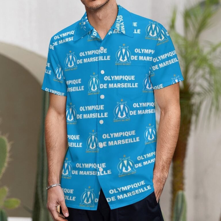 Olympique De Marseille Kurzärmelige Herrenhemden, Passform Sommer Kurzarm Casual Button-Down Hemden