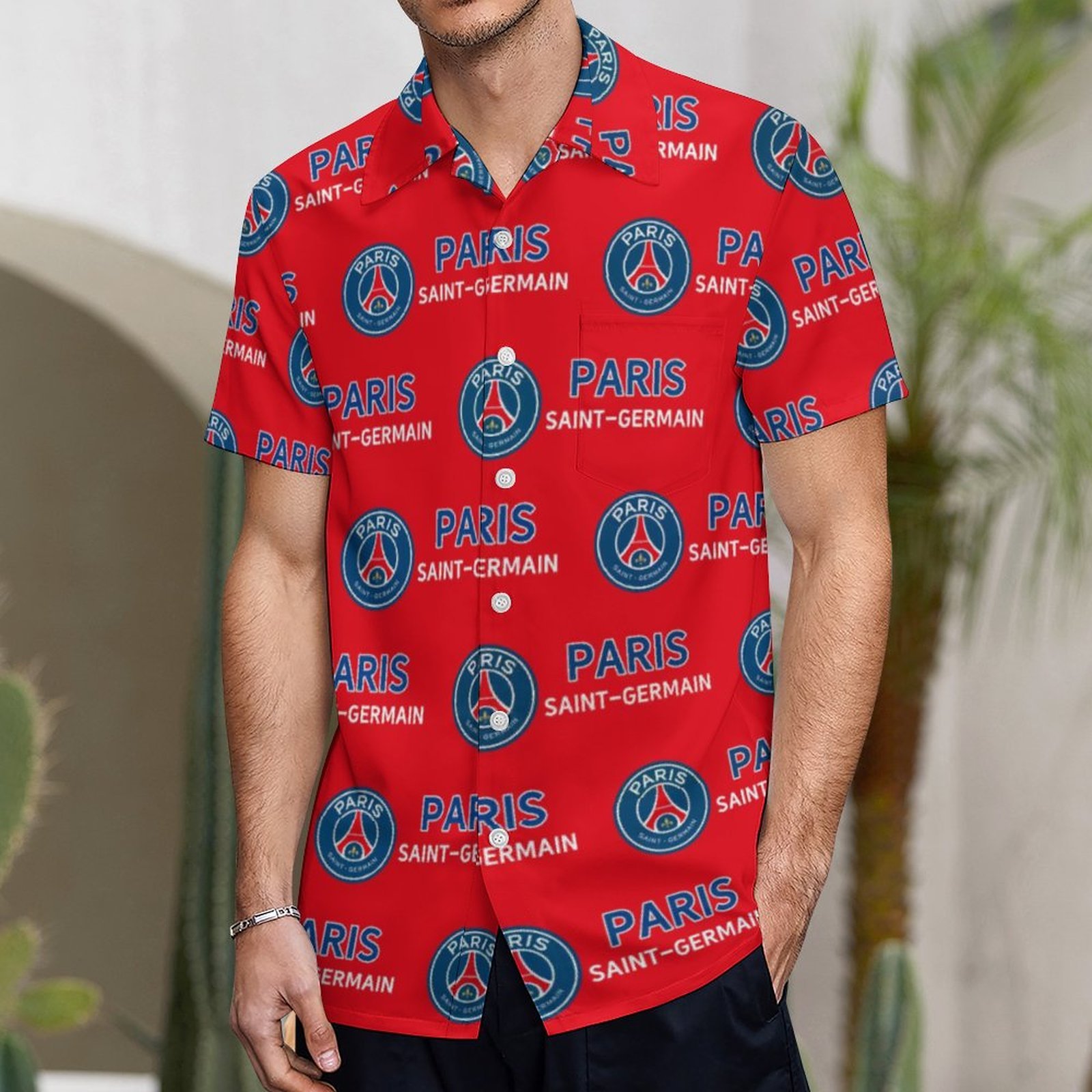 Paris Saint-Germain Kurzärmelige Herrenhemden, Passform Sommer Kurzarm Casual Button-Down Hemden Paris Saint-Germain Kurzärmelige Herrenhemden, Passform Sommer Kurzarm Casual Button-Down Hemden