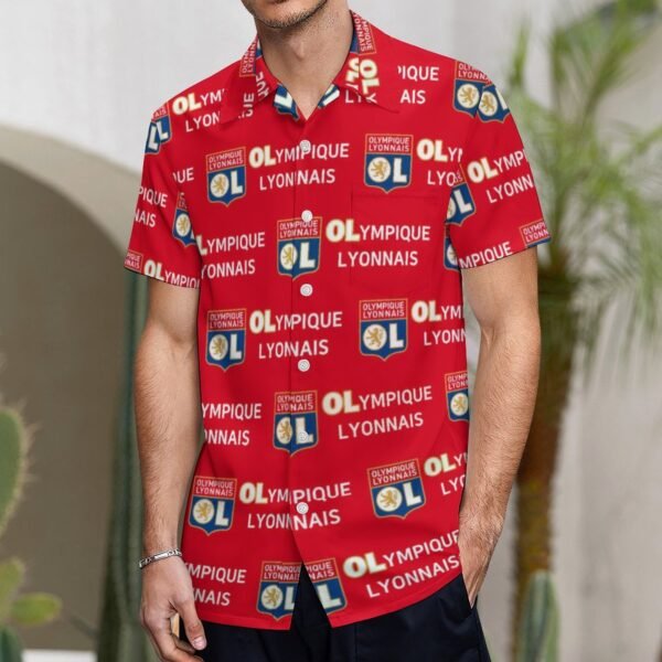Olympique Lyonnais Kurzärmelige Herrenhemden, Passform Sommer Kurzarm Casual Button-Down Hemden