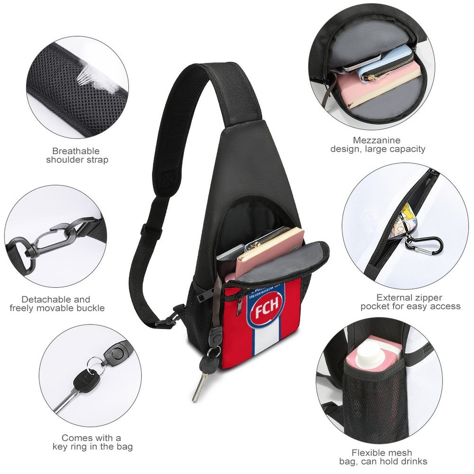 FC Heidenheim Crossbody Backpack Leichte Umhängetaschen Sling-Rucksack FC Heidenheim Crossbody Backpack Leichte Umhängetaschen Sling-Rucksack