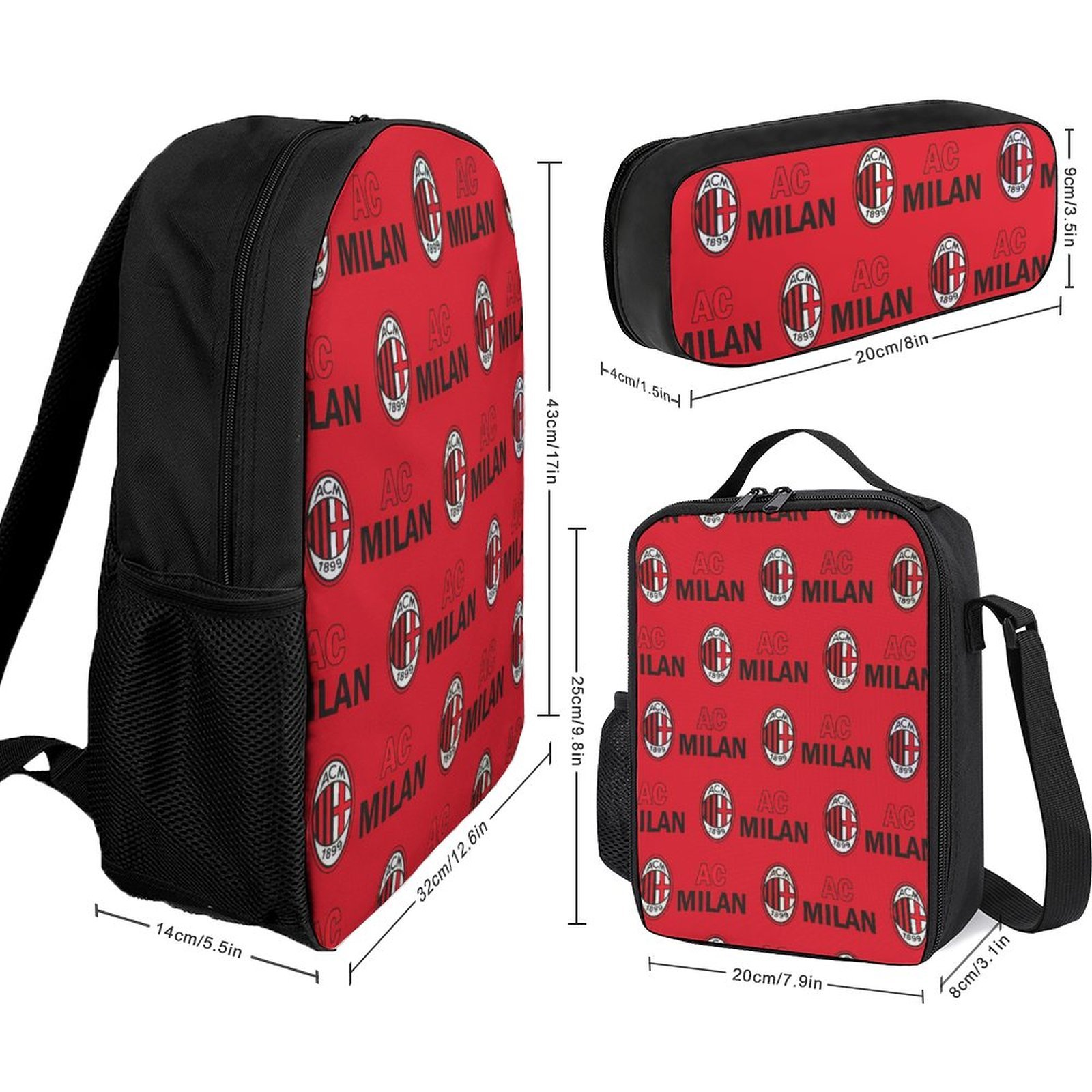 AC Mailand Student Schulranzen Lunchbag Stifttasche Kombination AC Mailand Student Schulranzen Lunchbag Stifttasche Kombination