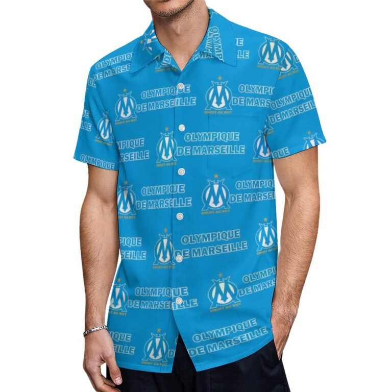 Olympique De Marseille Kurzärmelige Herrenhemden, Passform Sommer Kurzarm Casual Button-Down Hemden