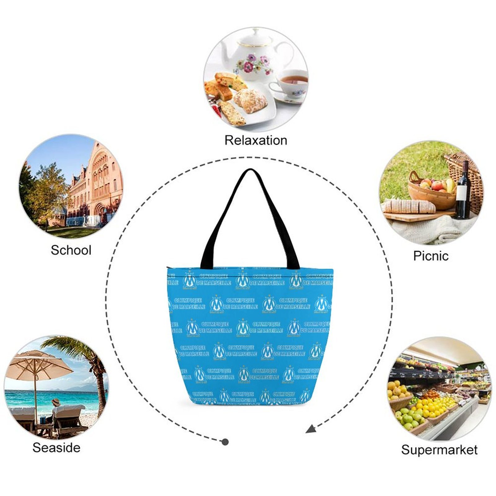 Olympique De Marseille Frauen Tragetasche Oxford-Stoff Einkaufsbeutel Tote Bag Olympique De Marseille Frauen Tragetasche Oxford-Stoff Einkaufsbeutel Tote Bag