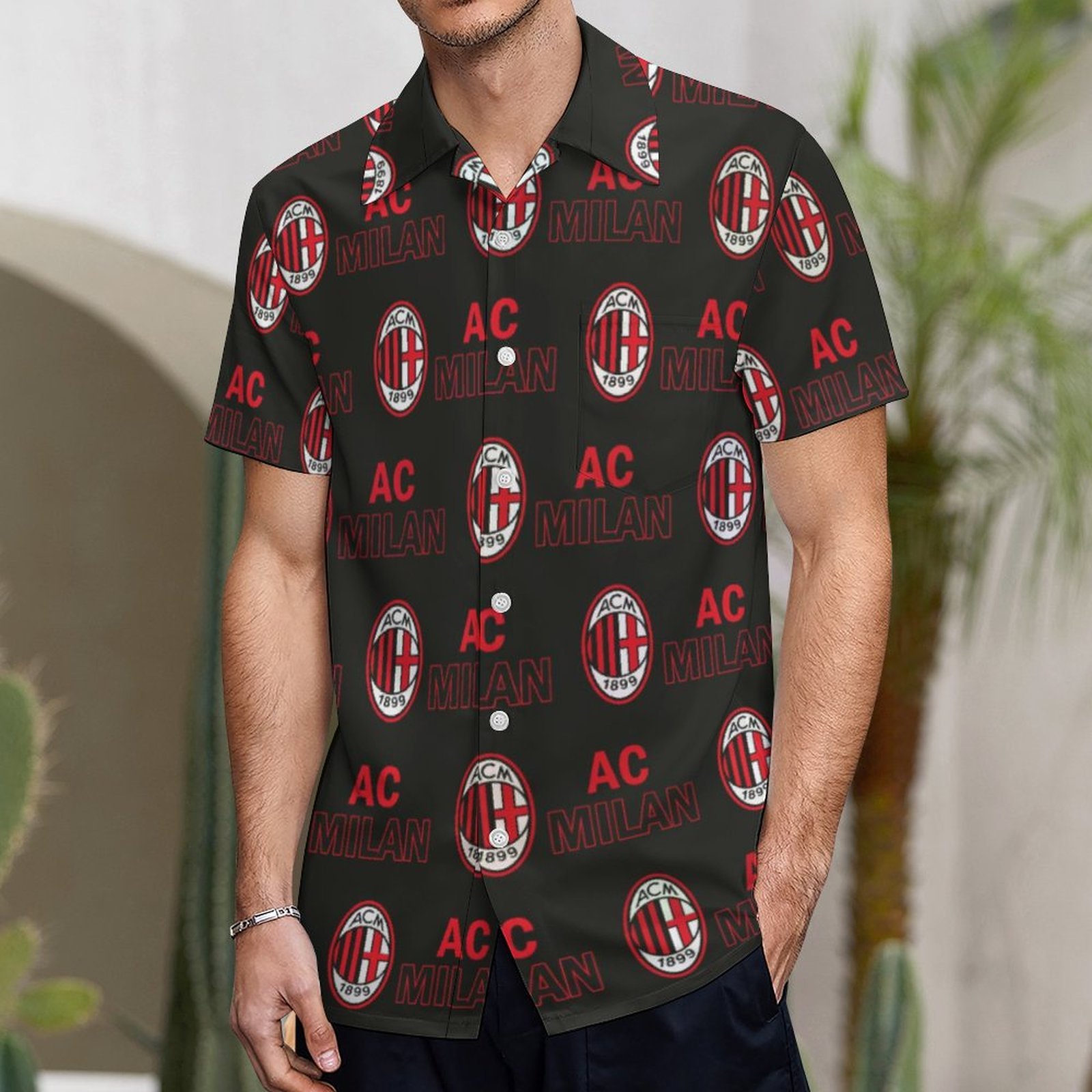 AC Mailand Kurzärmelige Herrenhemden, Passform Sommer Kurzarm Casual Button-Down Hemden AC Mailand Kurzärmelige Herrenhemden, Passform Sommer Kurzarm Casual Button-Down Hemden
