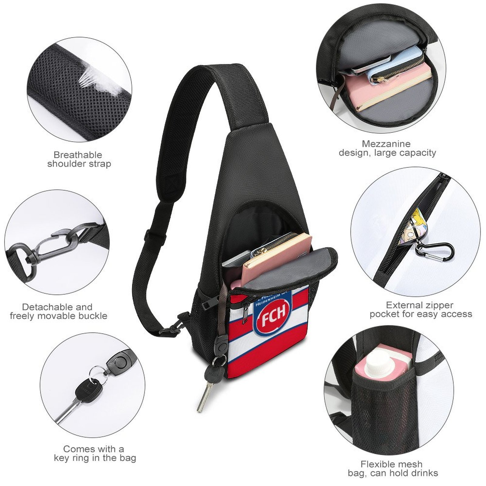 FC Heidenheim Crossbody Backpack Leichte Umhängetaschen Sling-Rucksack FC Heidenheim Crossbody Backpack Leichte Umhängetaschen Sling-Rucksack