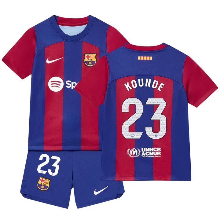 FC Barcelona Jules Kounde 23 Heimtrikot Kinder Mini Kit 2023-2024 FC Barcelona Jules Kounde 23 Heimtrikot Kinder Mini Kit 2023-2024