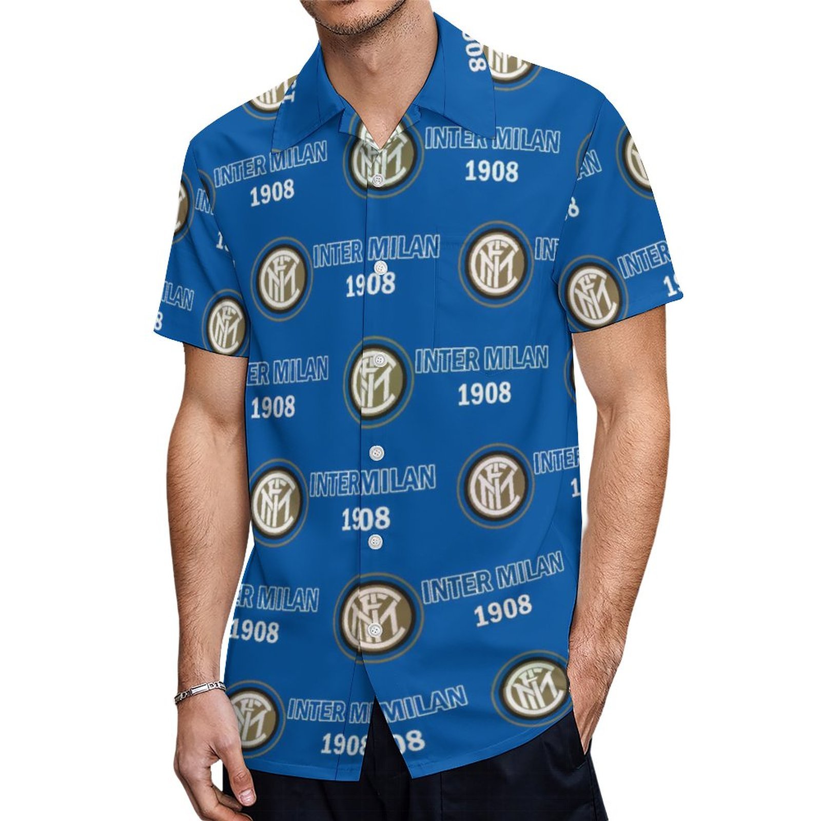 Inter Mailand Kurzärmelige Herrenhemden, Passform Sommer Kurzarm Casual Button-Down Hemden Inter Mailand Kurzärmelige Herrenhemden, Passform Sommer Kurzarm Casual Button-Down Hemden