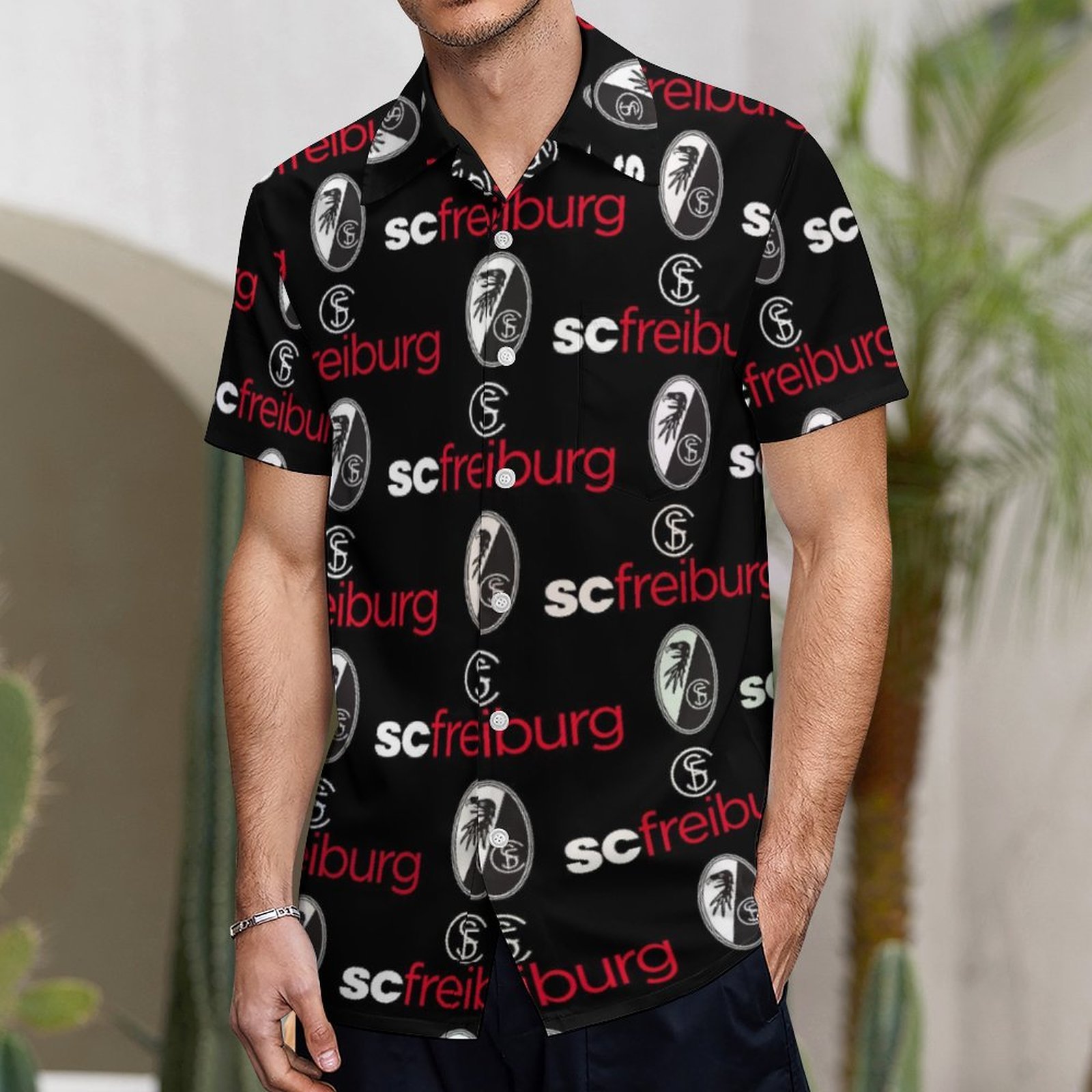 SC Freiburg Kurzärmelige Herrenhemden, Passform Sommer Kurzarm Casual Button-Down Hemden SC Freiburg Kurzärmelige Herrenhemden, Passform Sommer Kurzarm Casual Button-Down Hemden