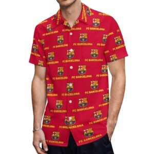 Fc Barcelona Kurzärmelige Herrenhemden, Passform Sommer Kurzarm Casual Button-Down Hemden