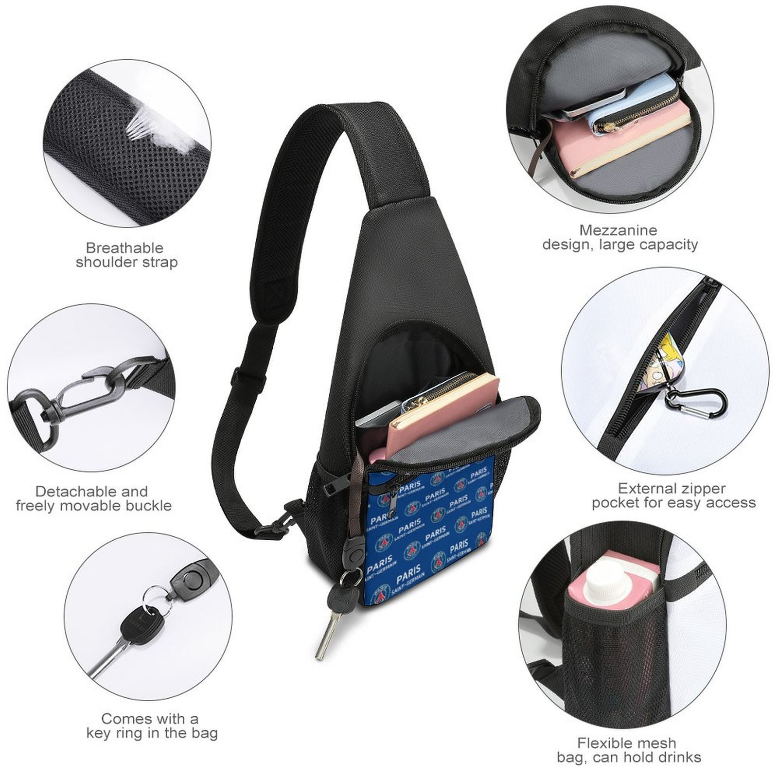 Paris Saint-Germain Crossbody Backpack Leichte Umhängetaschen Sling-Rucksack Paris Saint-Germain Crossbody Backpack Leichte Umhängetaschen Sling-Rucksack