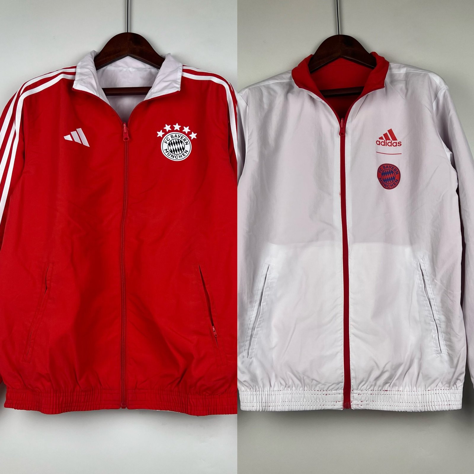 FC Bayern München Beidseitig Verwendbar Anthem Jacke 2023-2024 - Rot Weiß FC Bayern München Beidseitig Verwendbar Anthem Jacke 2023-2024 - Rot Weiß