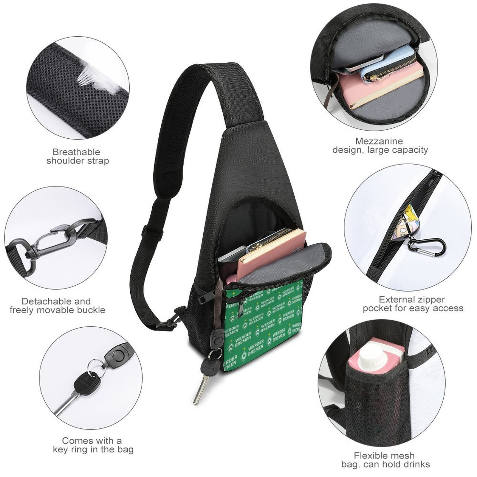 Werder Bremen Crossbody Backpack Leichte Umhängetaschen Sling-Rucksack Werder Bremen Crossbody Backpack Leichte Umhängetaschen Sling-Rucksack