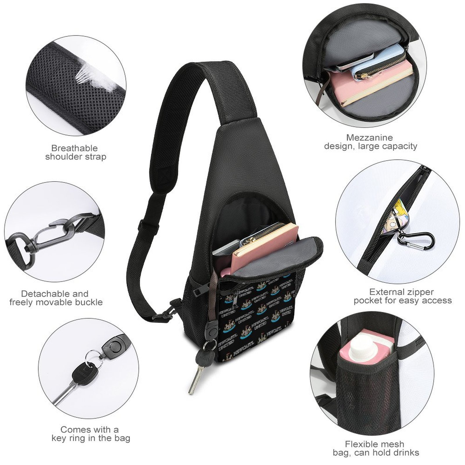 Newcastle United Crossbody Backpack Leichte Umhängetaschen Sling-Rucksack Newcastle United Crossbody Backpack Leichte Umhängetaschen Sling-Rucksack
