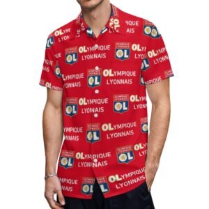 Olympique Lyonnais Kurzärmelige Herrenhemden, Passform Sommer Kurzarm Casual Button-Down Hemden
